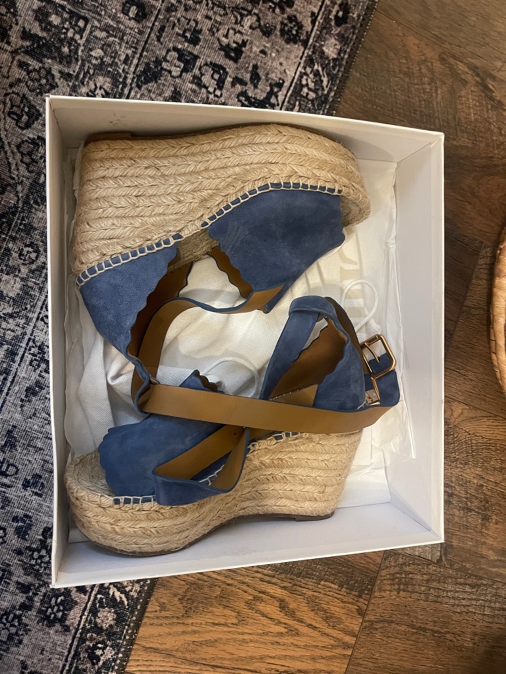 Chloe Blue Suede Espadrille Wedge Sandals with Tan Straps